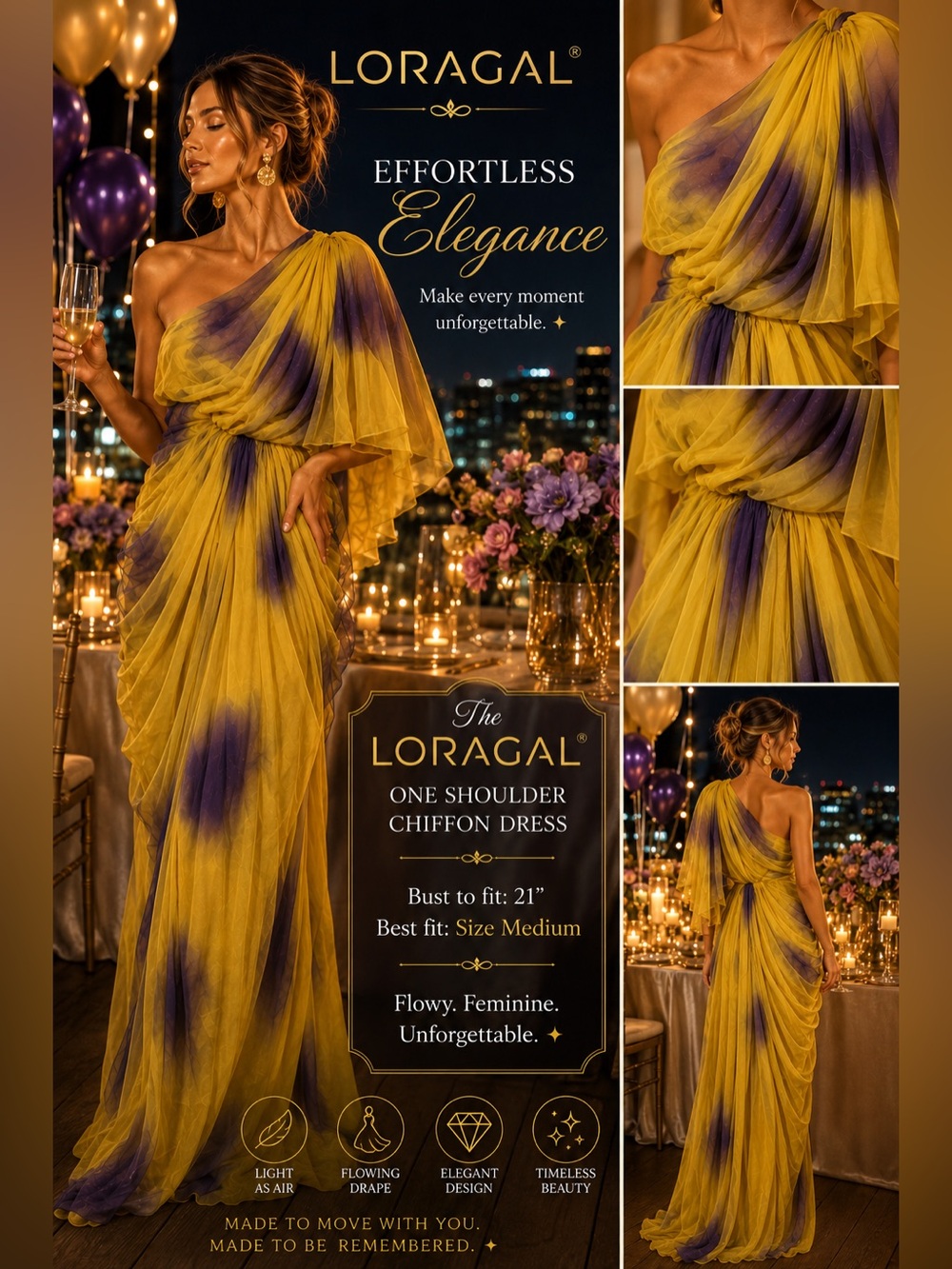 Loragal one shoulder dress yellow & purple NWT